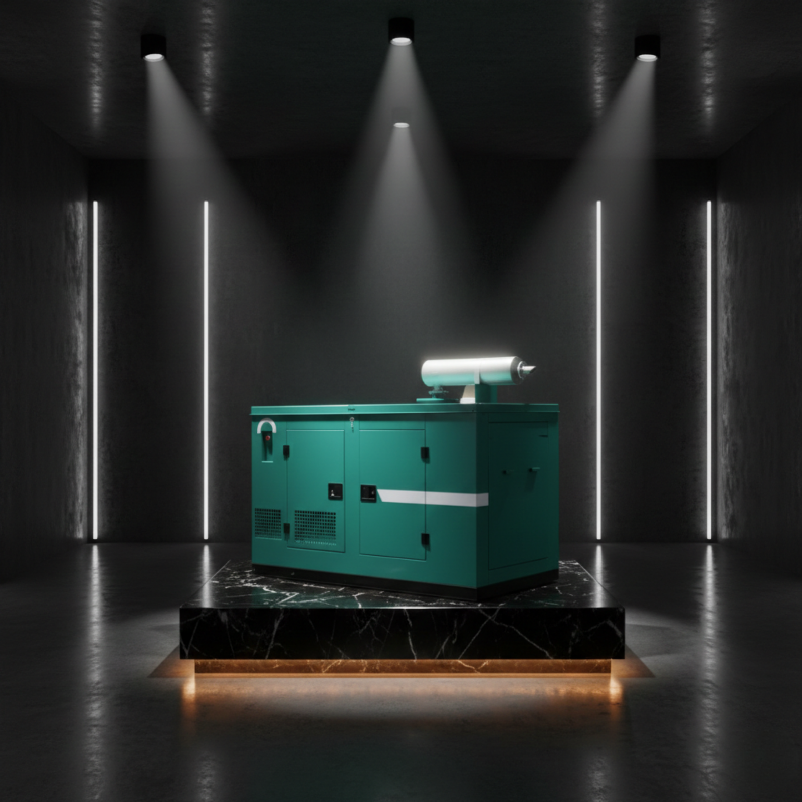 Silent diesel generator with soundproof enclosure displayed in a modern studio setup
