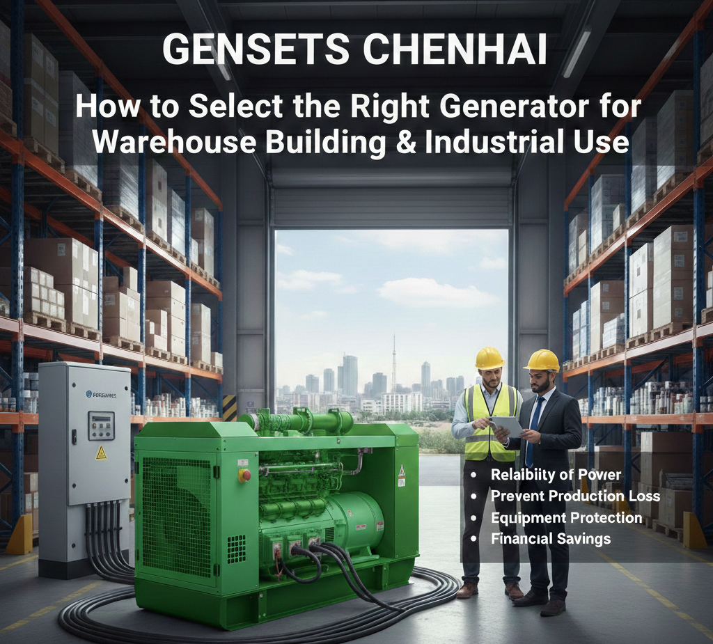 Gensets Chennai industrial generator installed in warehouse building for industrial power backup solution
