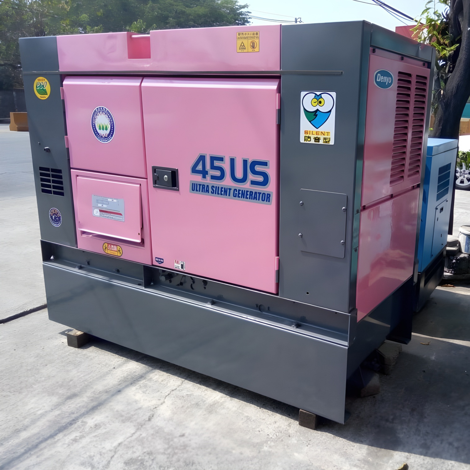 45 kVA ultra silent diesel generator in pink and grey enclosure installed outdoors