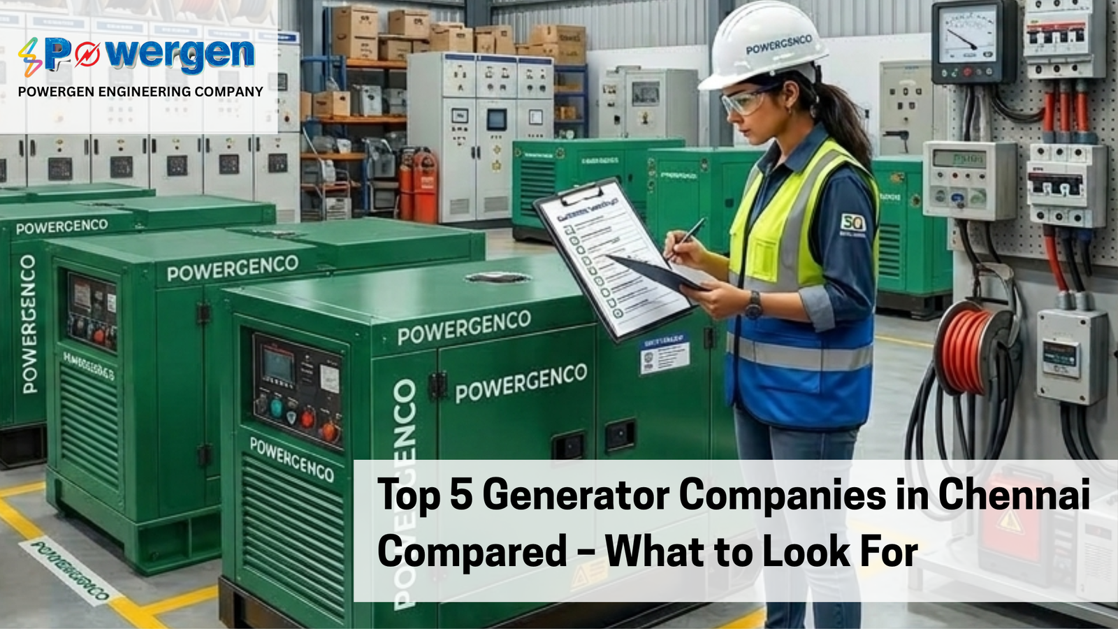 Engineer inspecting industrial diesel generators at a manufacturing facility representing the top 5 generator companies in Chennai
