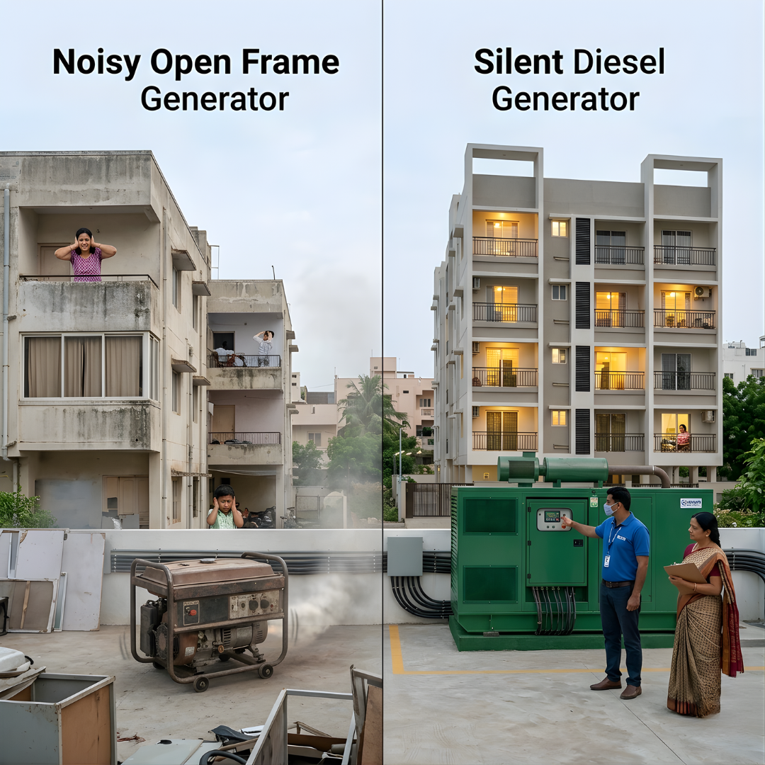 silent diesel generator vs open frame generator apartment Chennai